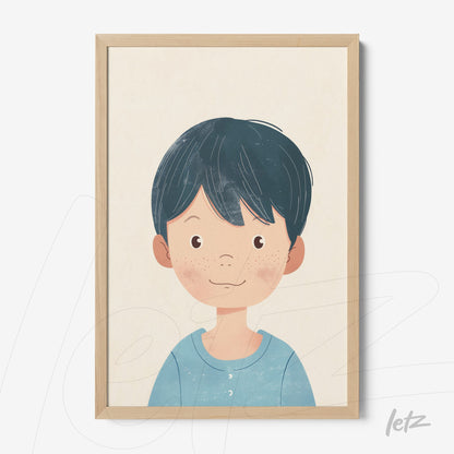 framed wall art featuring a smiling boy with dark hair in light wood frame