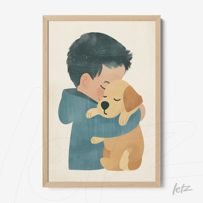 framed artwork of a boy hugging a dog with a light wood frame