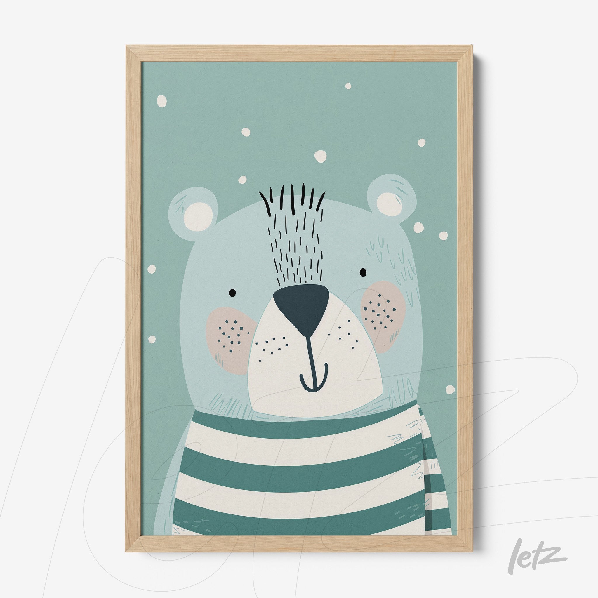 framed wall art featuring a cute bear with green and white stripes in a light wood frame
