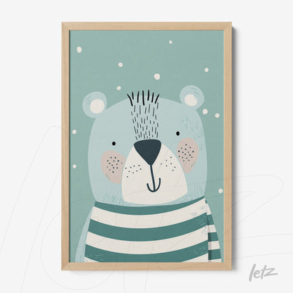 framed wall art featuring a cute bear with green and white stripes in a light wood frame