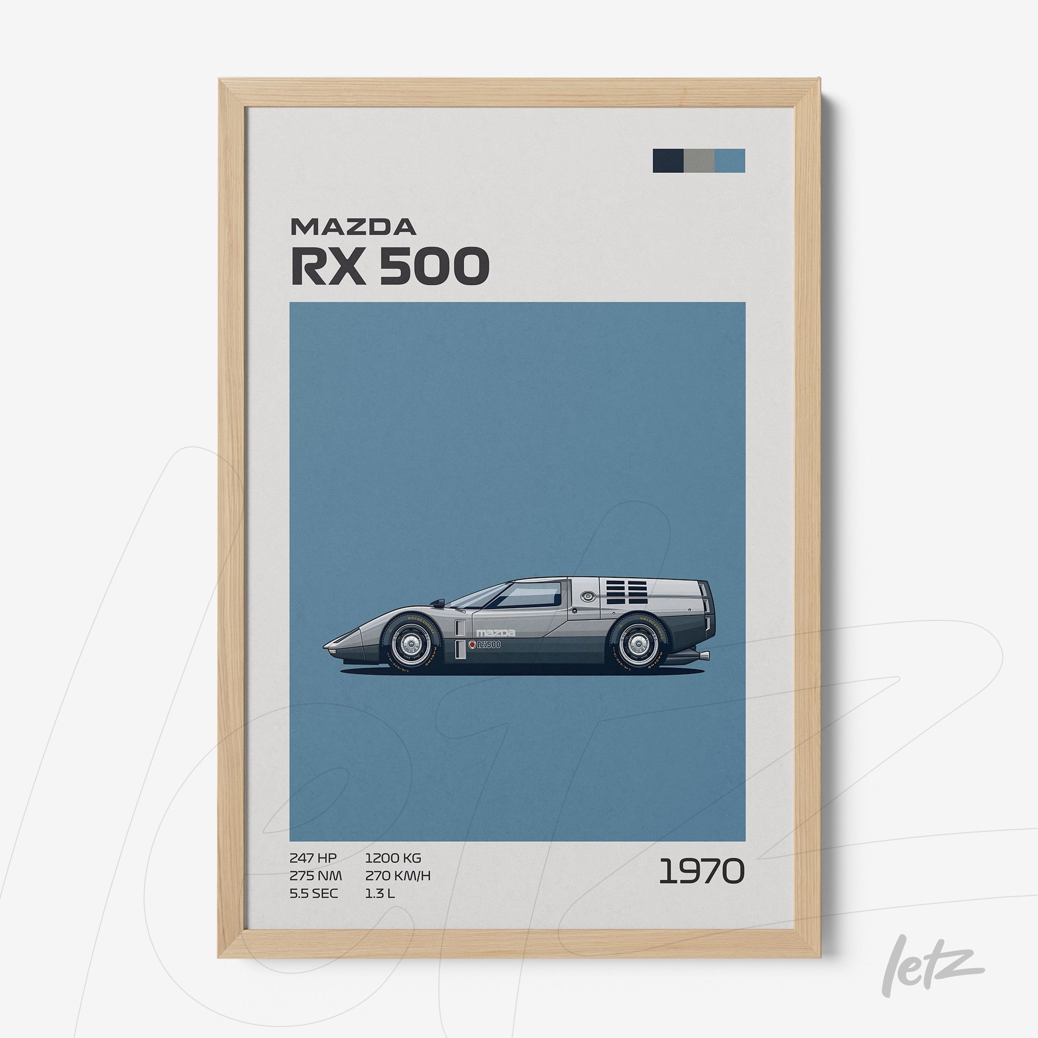 retro style illustrated wall art of Mazda RX 500 in light wood frame with blue background