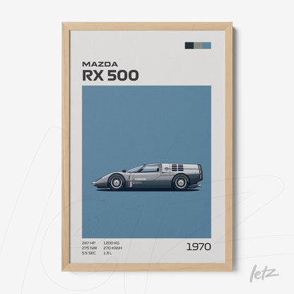 retro style illustrated wall art of Mazda RX 500 in light wood frame with blue background