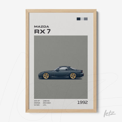 minimalist wall art of the Mazda RX-7 car in a light wood frame