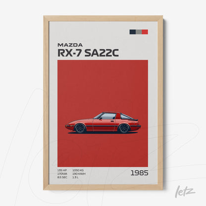 framed artwork featuring the Mazda RX-7 SA22C in red background with light frame and textual details