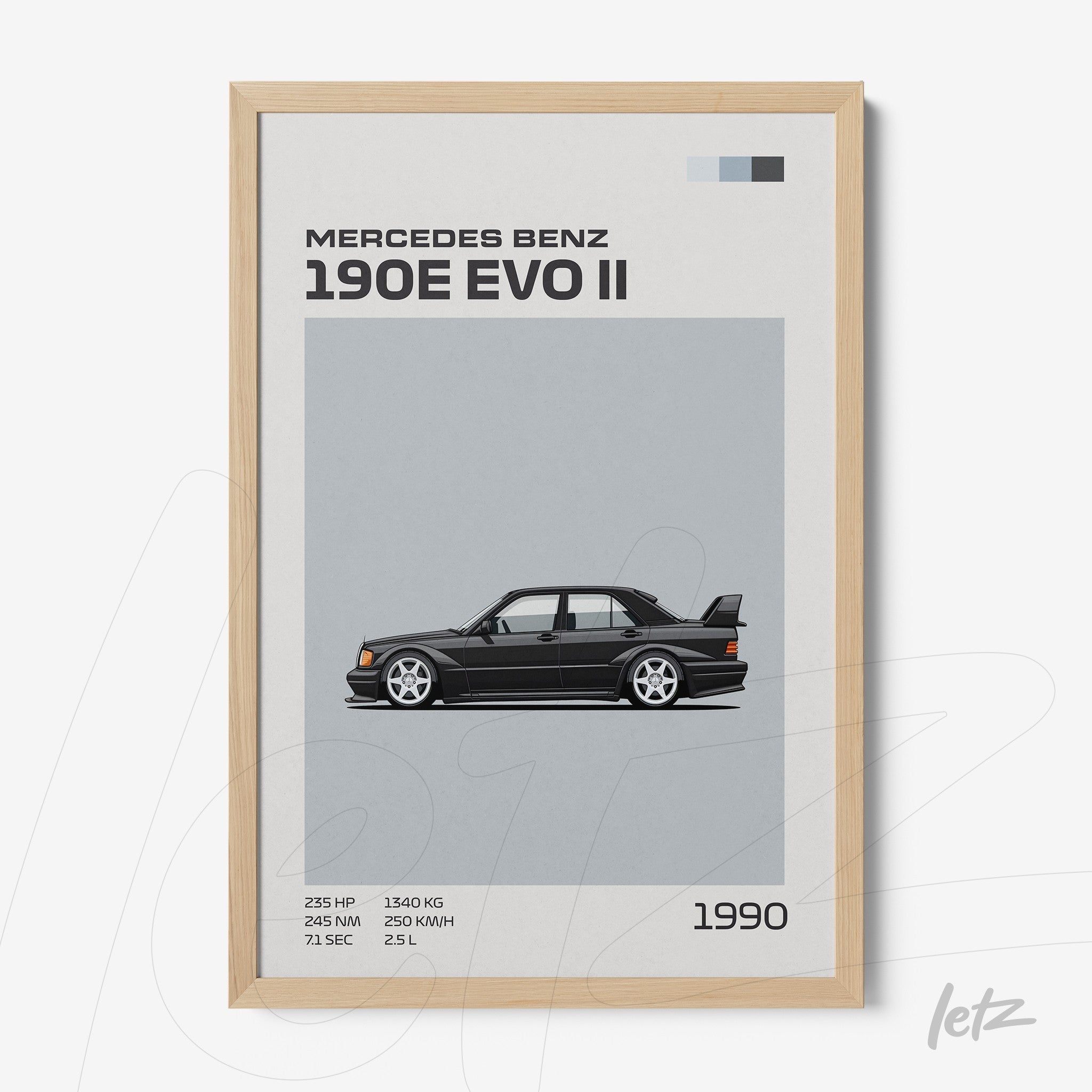 framed artwork featuring a graphic illustration of Mercedes Benz 190E EVO II with light wood frame