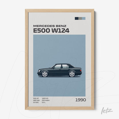 framed minimalistic illustration of the Mercedes Benz E500 W124 car with light wood frame