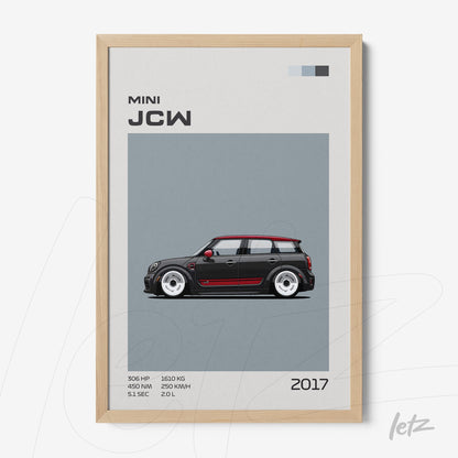 framed wall art featuring a digital illustration of a 2017 Mini John Cooper Works with light wood frame and gray background