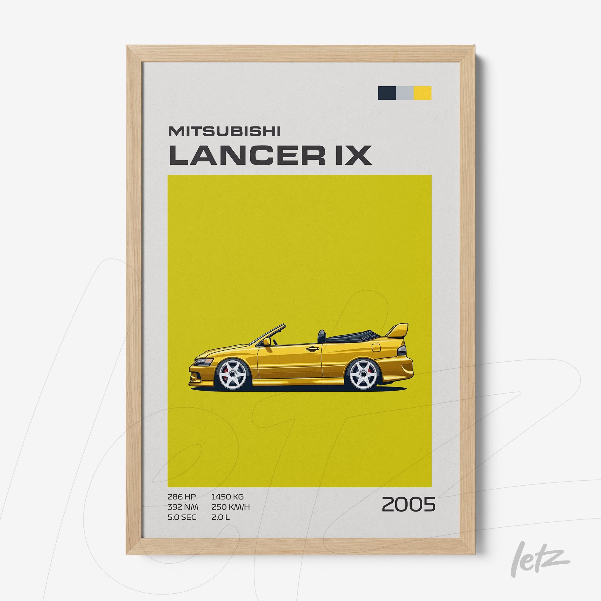 illustrative wall art of Mitsubishi Lancer IX on vibrant yellow background with light wood frame