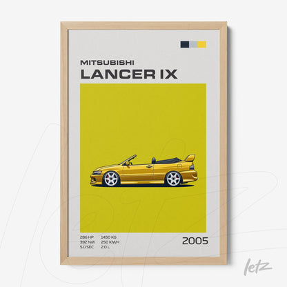 illustrative wall art of Mitsubishi Lancer IX on vibrant yellow background with light wood frame