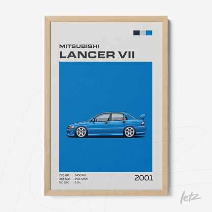 framed artwork of Mitsubishi Lancer VII with a blue background and light frame
