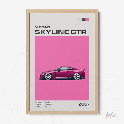 framed artwork featuring a 2007 Nissan Skyline GTR illustration on a pink background with light wood frame