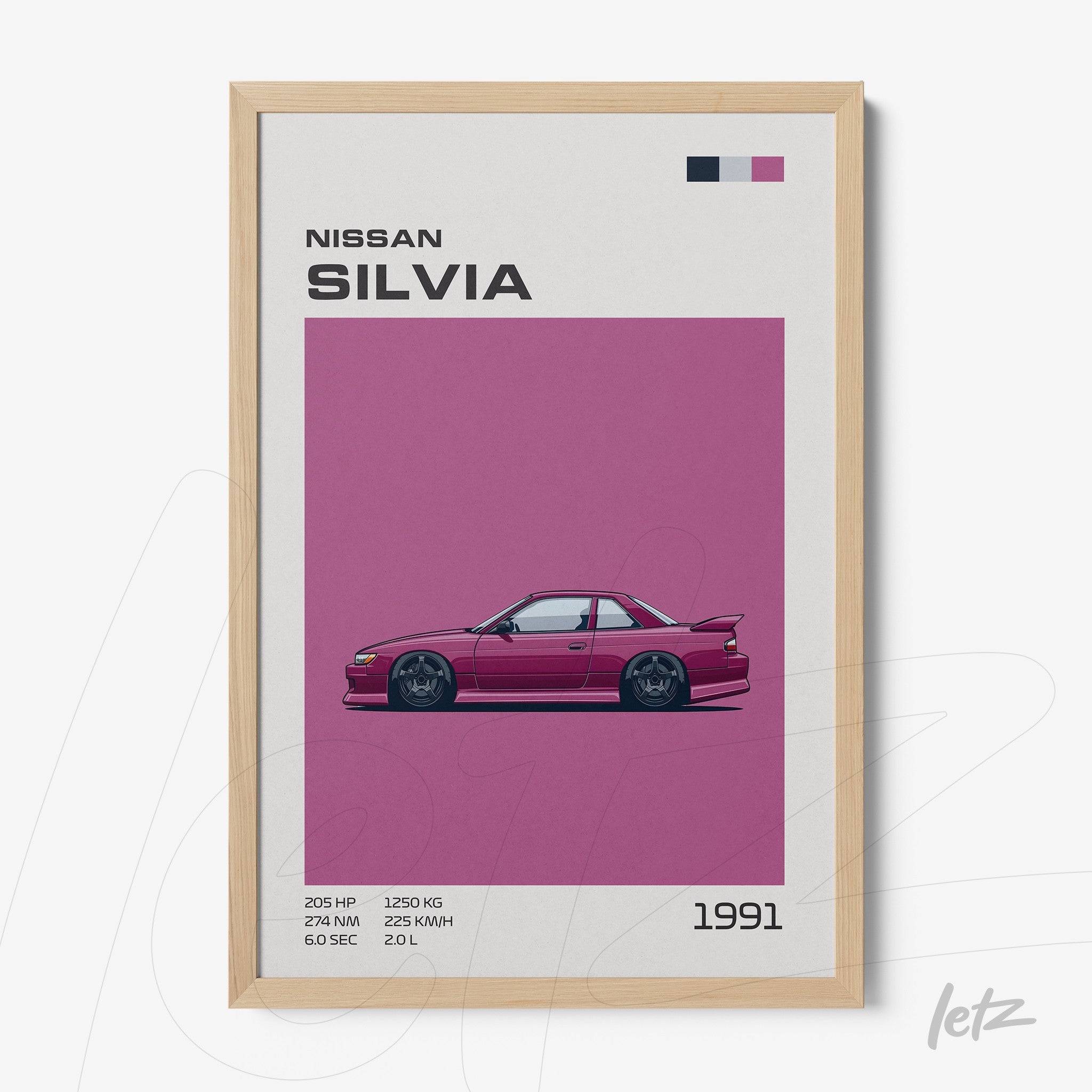 framed minimalistic illustration of the 1991 Nissan Silvia car with light wood frame