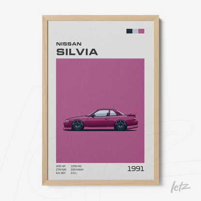 framed minimalistic illustration of the 1991 Nissan Silvia car with light wood frame