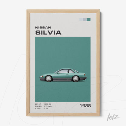 framed art featuring classic 1988 Nissan Silvia illustration in light wood frame