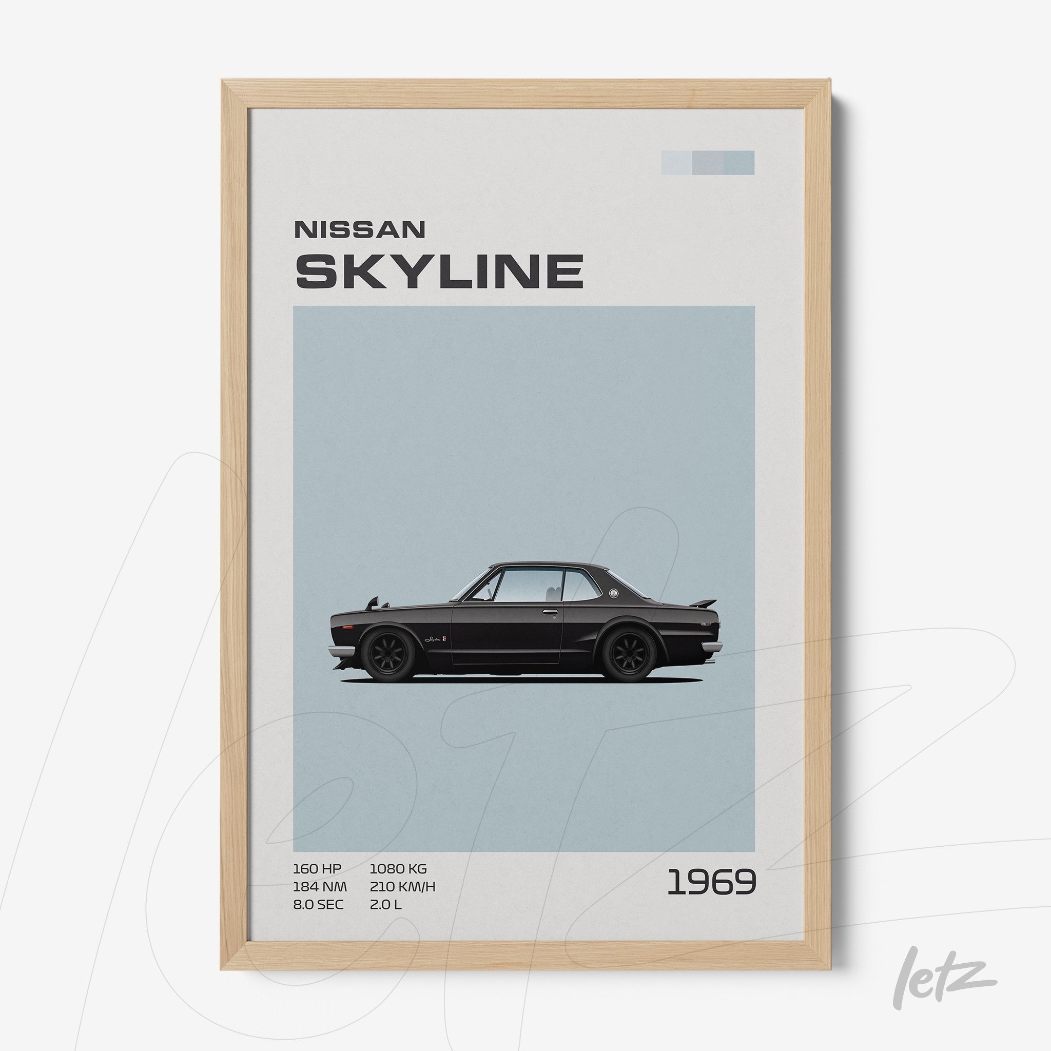 framed artwork of the 1969 Nissan Skyline in light wood frame