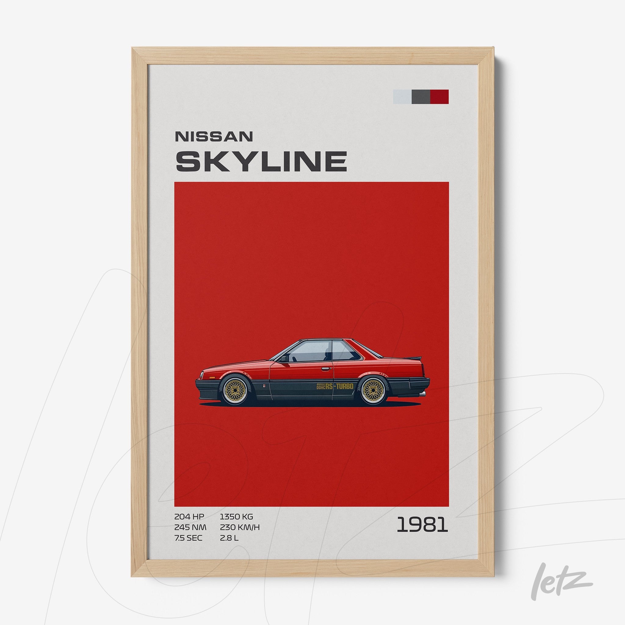 framed artwork of Nissan Skyline sports car on vibrant red background with light wood frame