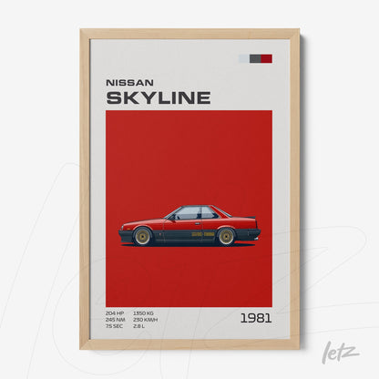 framed artwork of Nissan Skyline sports car on vibrant red background with light wood frame