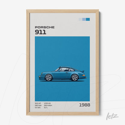 framed digital art of a blue Porsche 911 sports car with light wood frame, featuring a blue background and graphic information