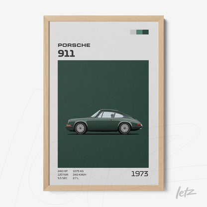 framed wall art featuring a 1973 Porsche 911 illustration with green background and light wood frame