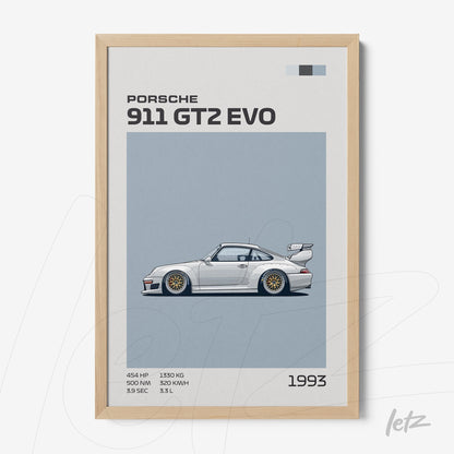 framed digital art of Porsche 911 GT2 EVO in light wood frame