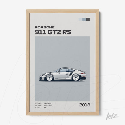 framed artwork featuring a Porsche 911 GT2 RS sports car illustration with light wooden frame