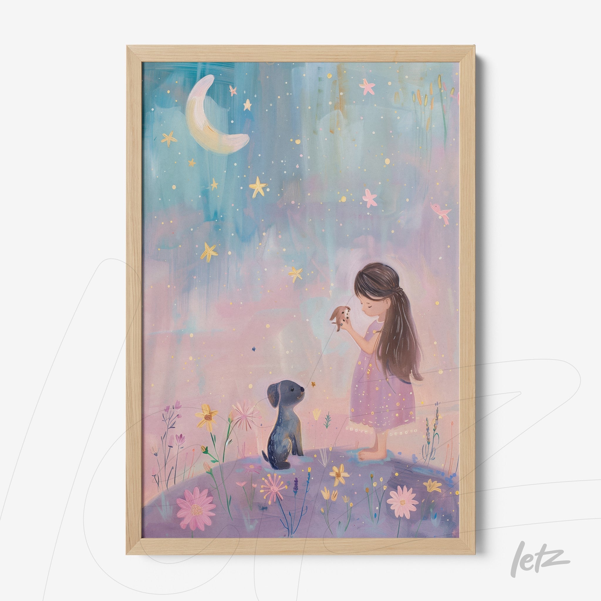 framed artwork featuring a gentle illustration of a girl with long dark hair holding a small animal next to a dog in a night scene with flowers and stars in a blue background