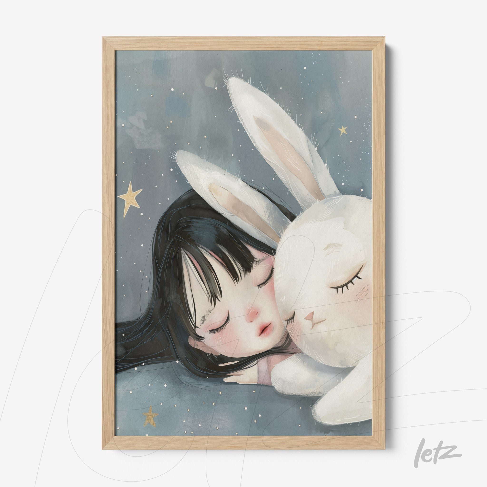 framed artwork featuring a sleeping girl next to a white rabbit in a soft color palette
