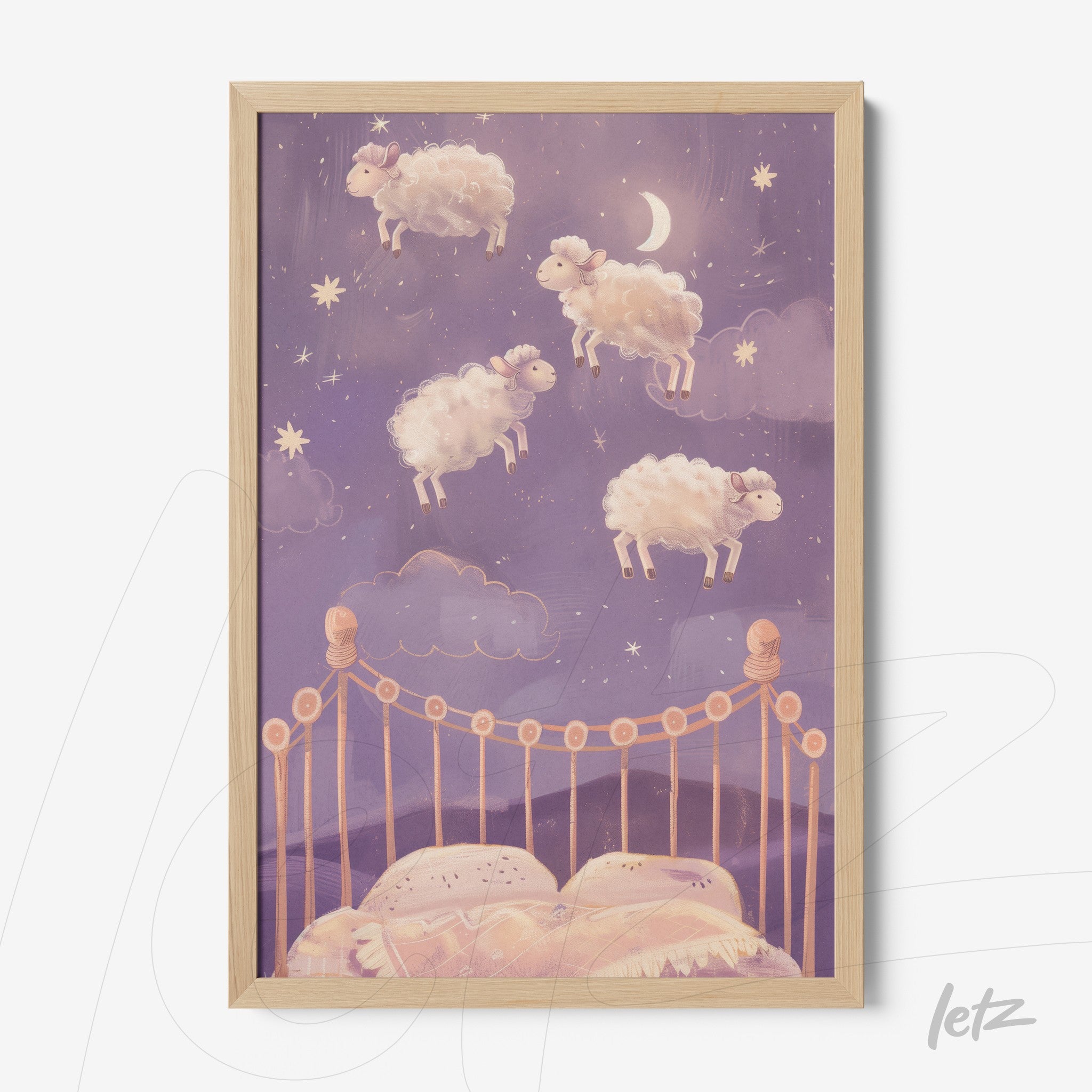 framed art featuring jumping sheep under a starry sky with a light wood frame