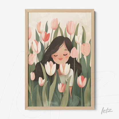 framed artwork featuring a smiling girl surrounded by tulips on a soft background with a light wood frame