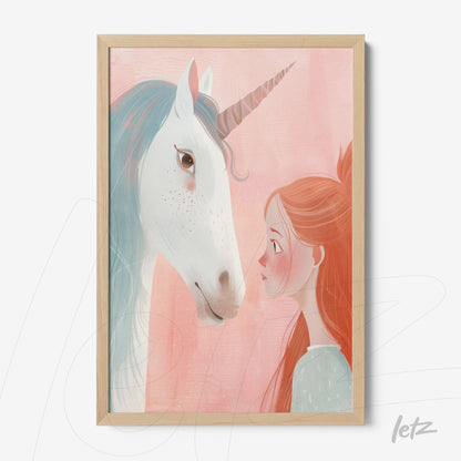 framed artwork featuring a girl gazing at a unicorn against a soft pink background