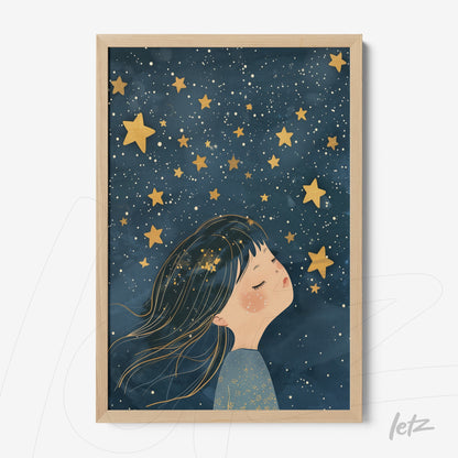 framed artwork featuring a dreamy girl under a starry sky with light wooden frame