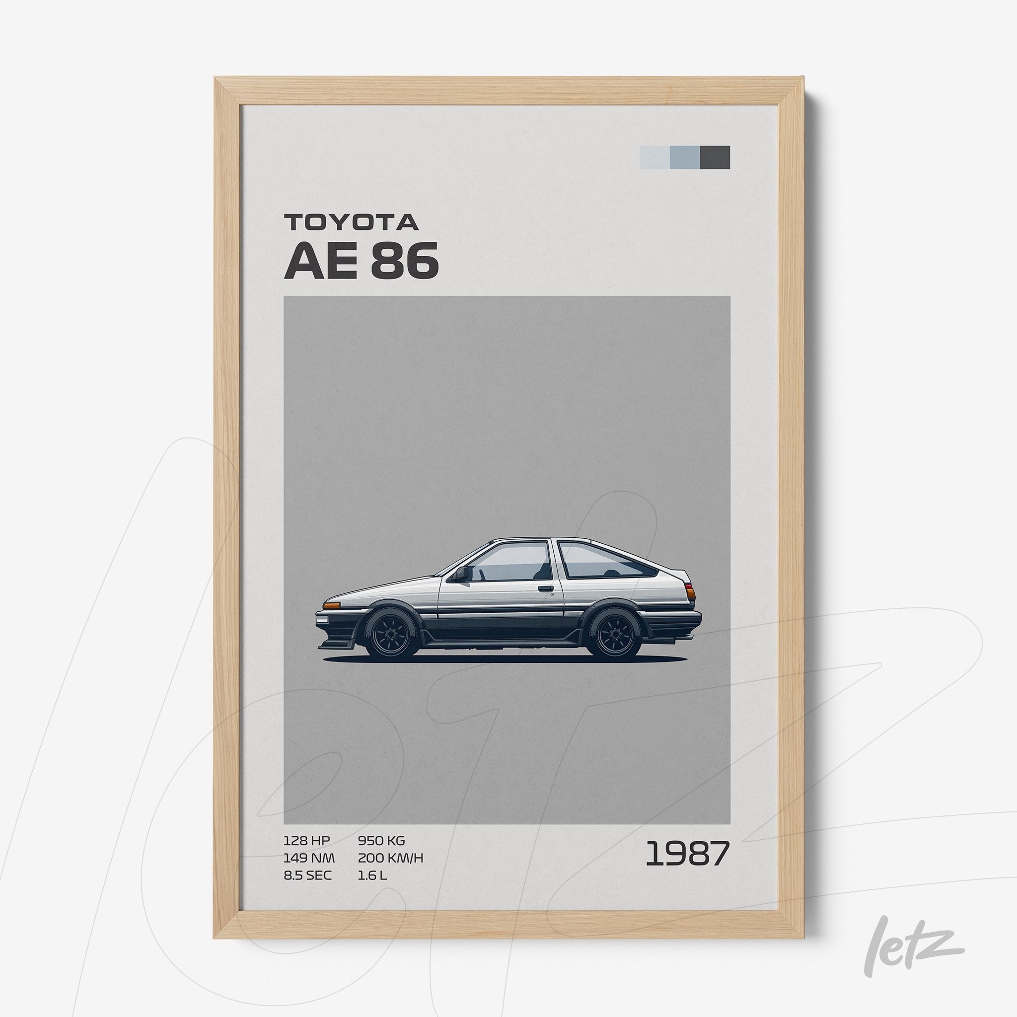 framed wall art featuring a minimalist illustration of the Toyota AE 86 in light wood frame