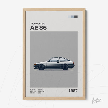 framed wall art featuring a minimalist illustration of the Toyota AE 86 in light wood frame