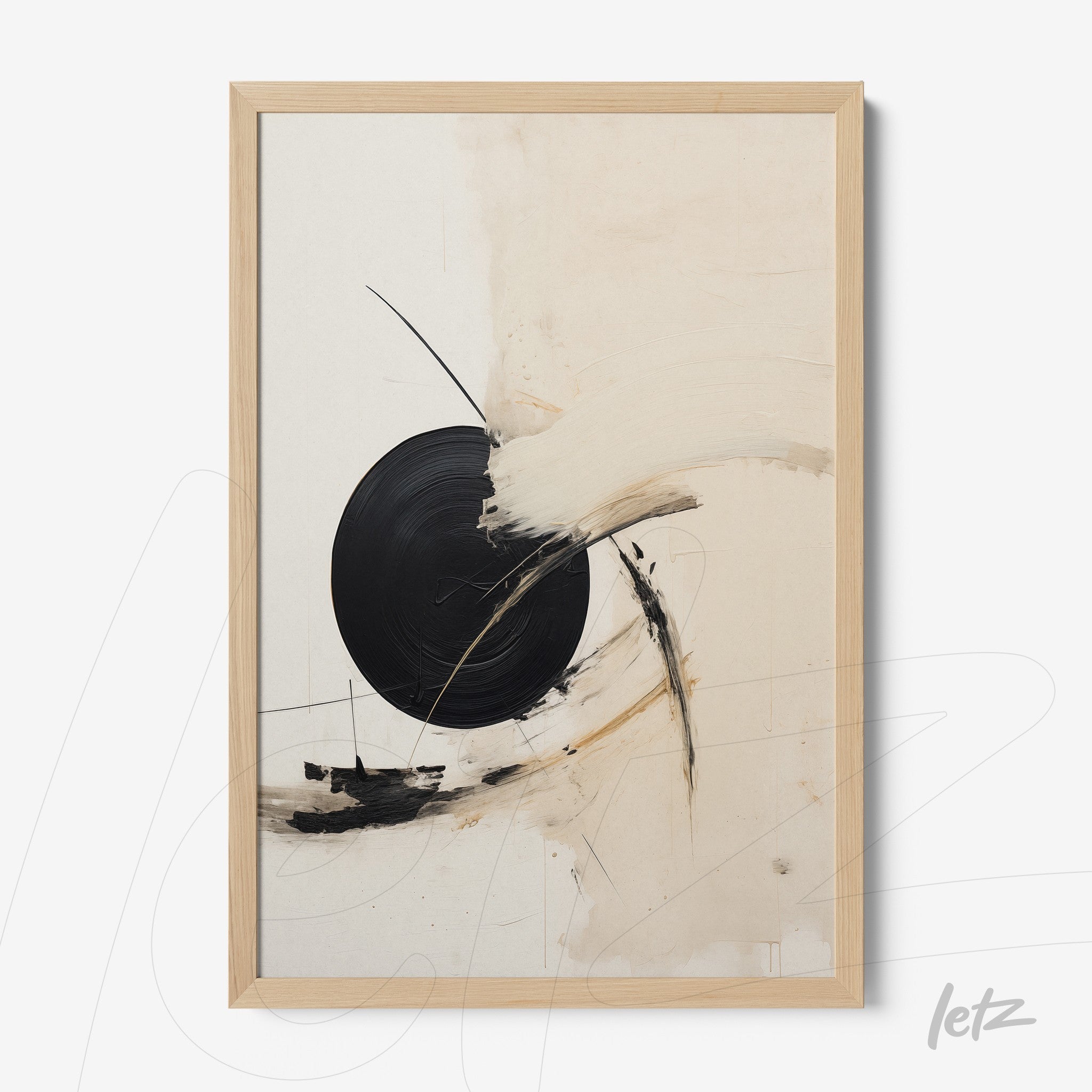 abstract artwork featuring a large black circle on a light background with dynamic strokes in a light wooden frame