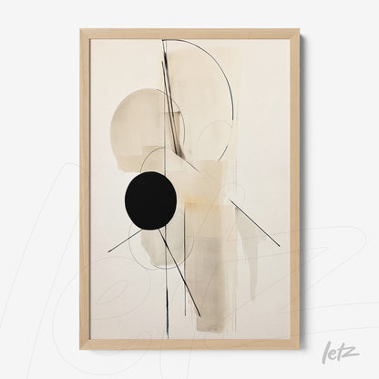 abstract art print in neutral tones with black circles, framed in light wood