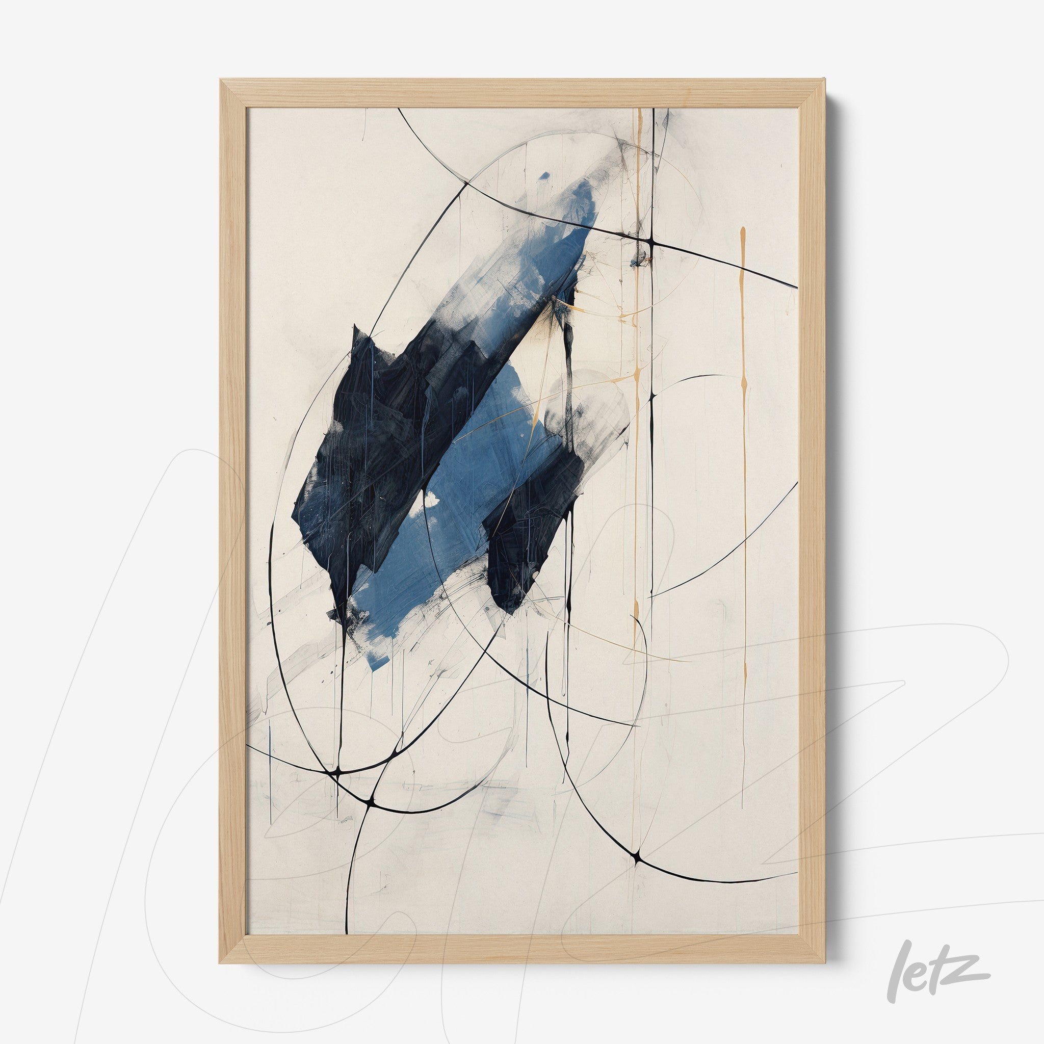 abstract wall art featuring blue brushstrokes and black lines on a light background, in a light wood frame