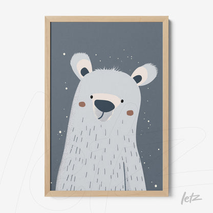 framed minimalistic illustration of a smiling polar bear on a grey background, light wood frame