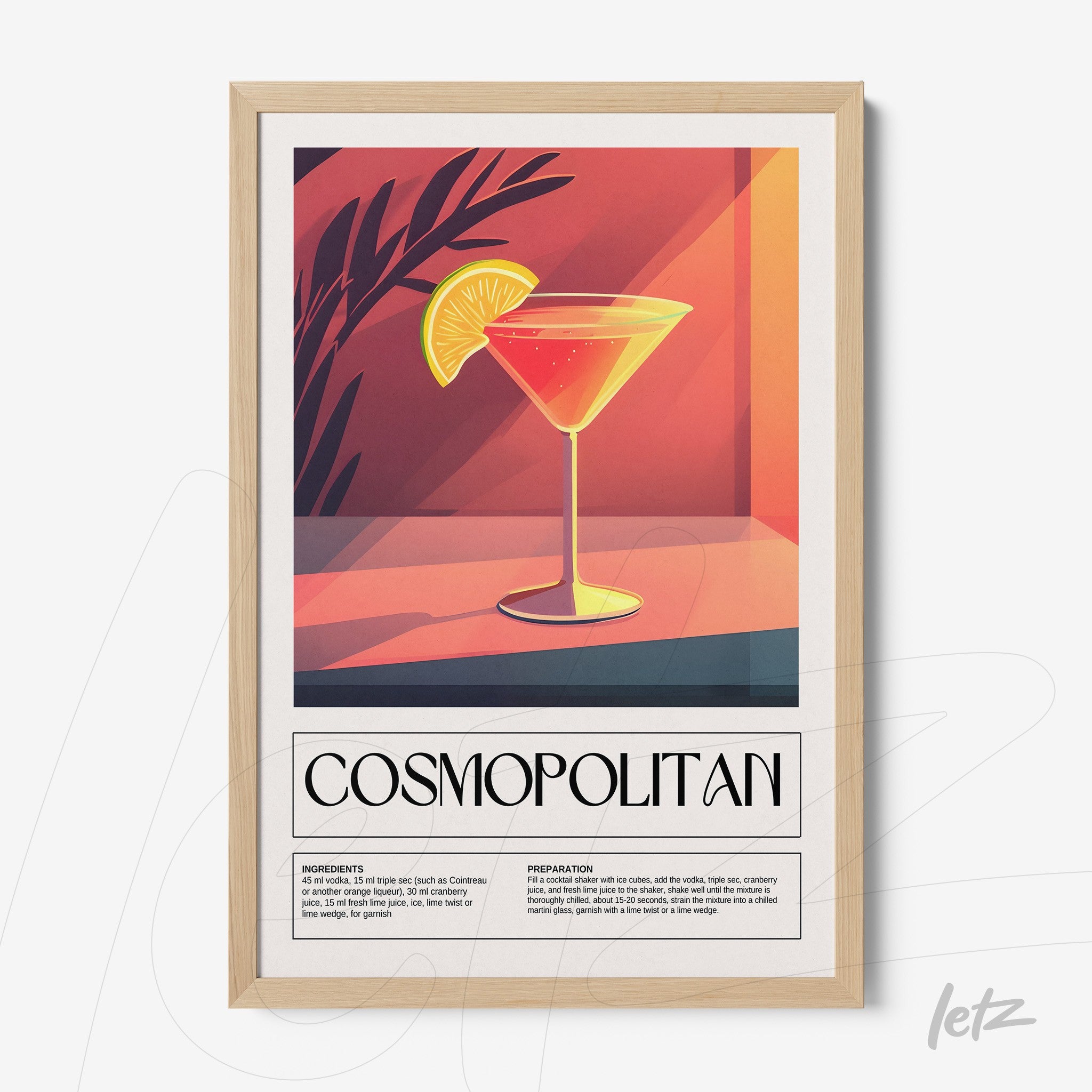 retro style framed art of cosmopolitan cocktail with light wood frame
