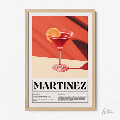 framed wall art featuring stylized martinez cocktail in natural frame with background in shades of red and orange