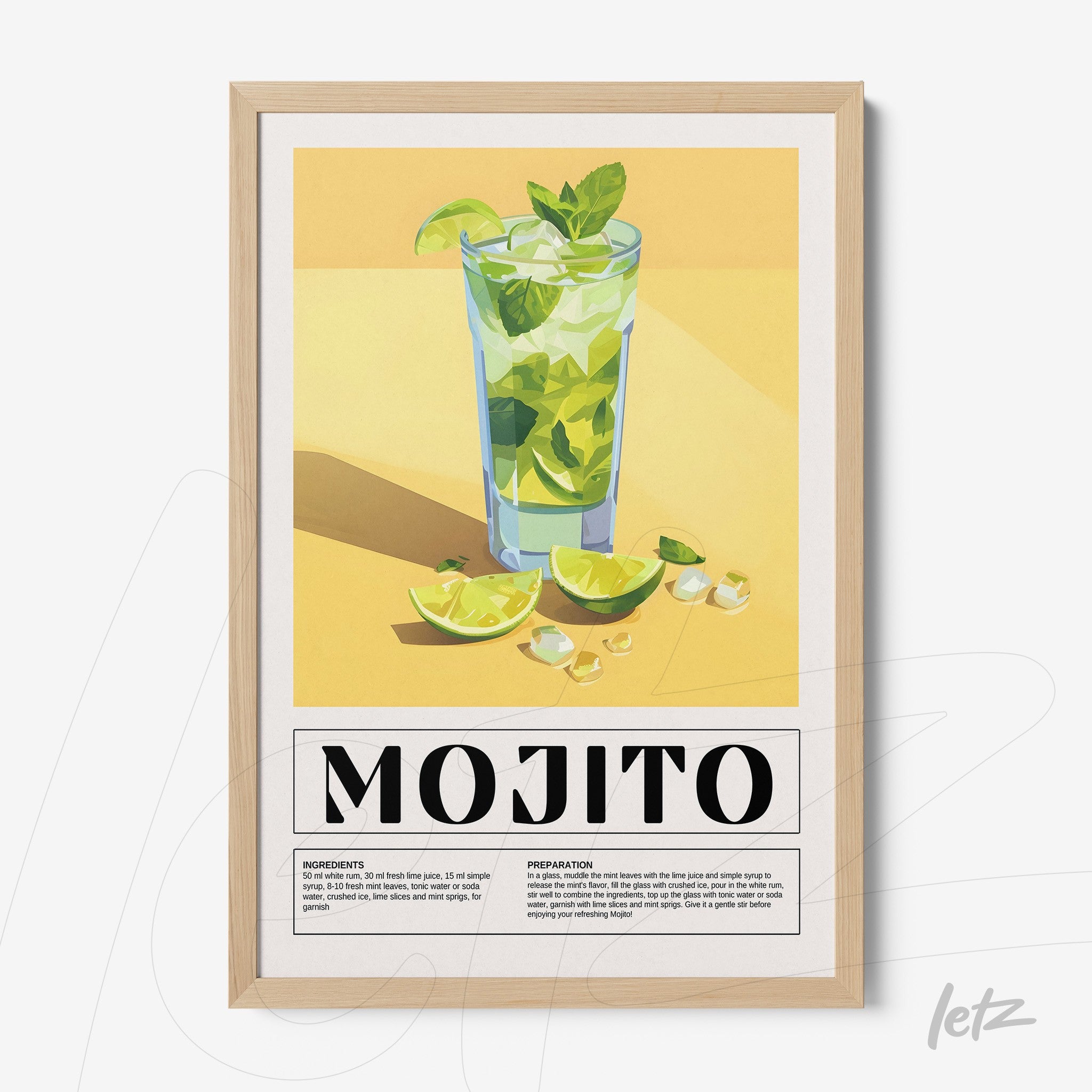 framed wall art featuring a vibrant illustration of a mojito cocktail with a yellow background and light wood frame
