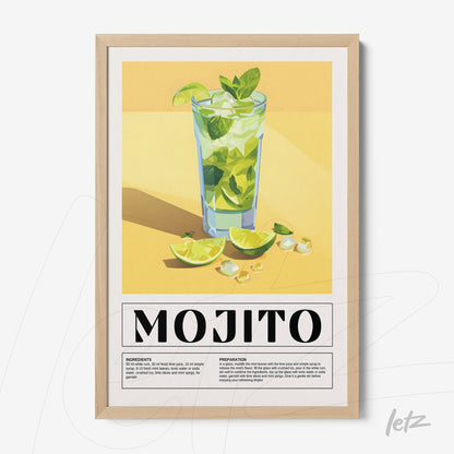 framed wall art featuring a vibrant illustration of a mojito cocktail with a yellow background and light wood frame