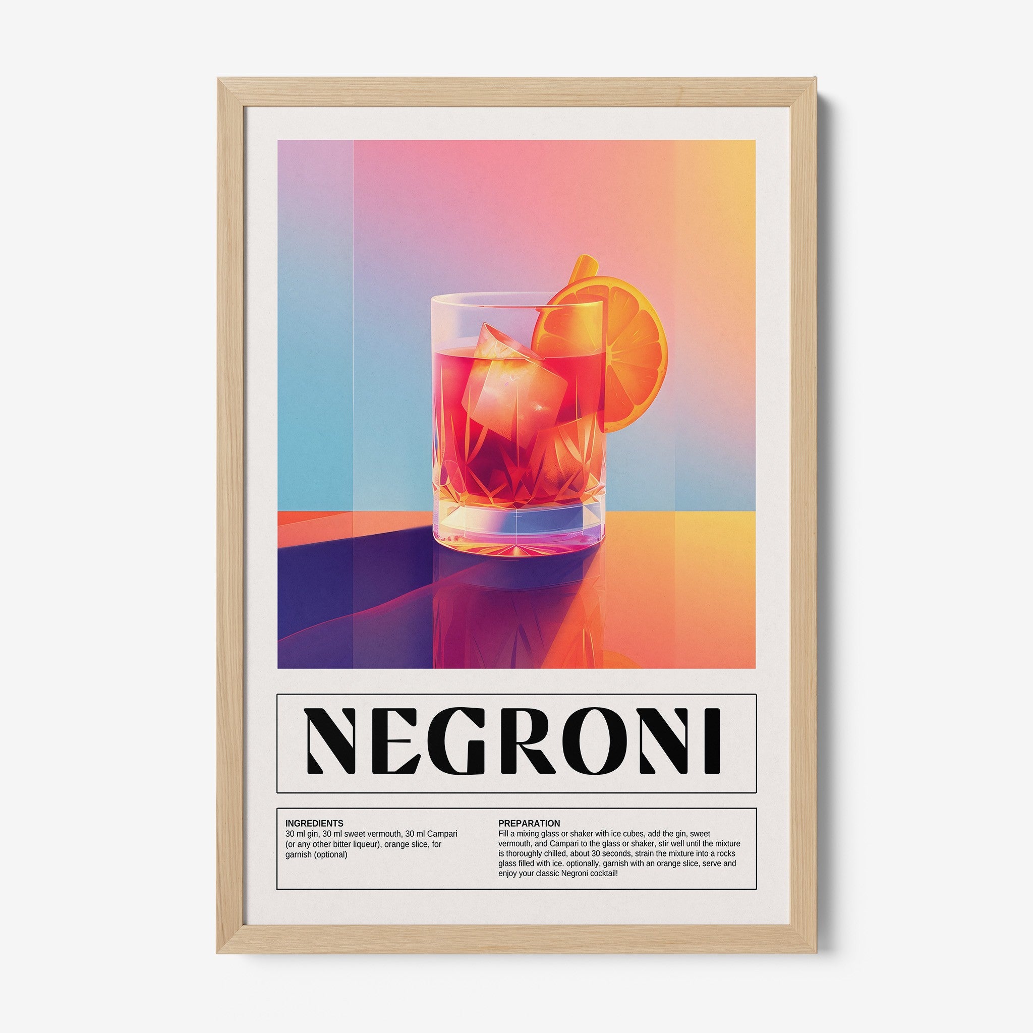 illustrative wall art of negroni cocktail in light wood frame