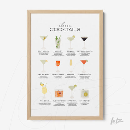 framed wall art featuring illustrations of classic cocktails in light wooden frame, showcasing nine drinks in minimalist style on neutral background