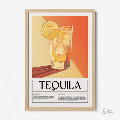 retro style framed art of tequila cocktail with light wooden frame and vibrant orange and yellow background