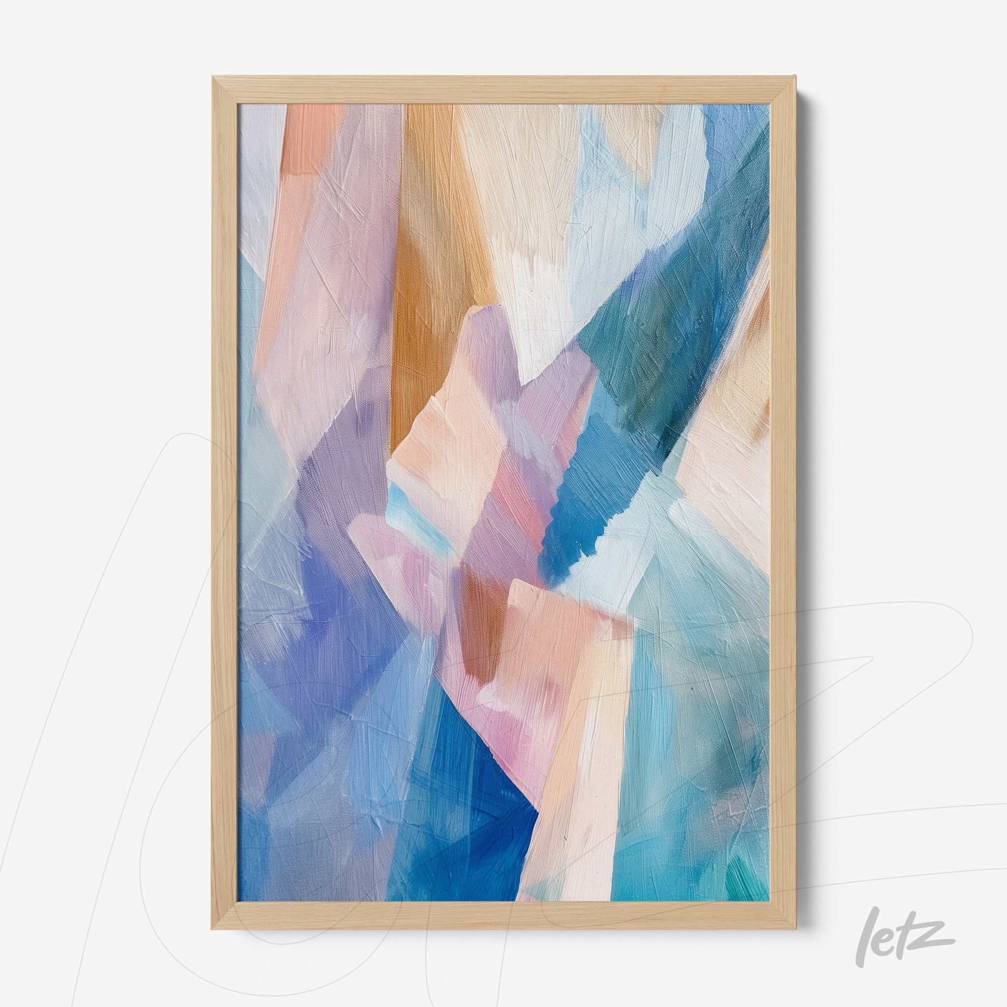 framed abstract wall art featuring shades of blue, pink, and orange with light wood frame