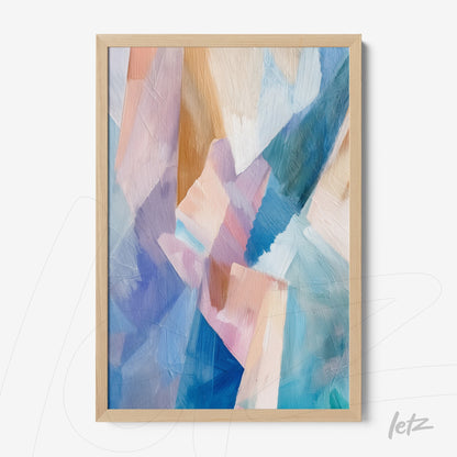 framed abstract wall art featuring shades of blue, pink, and orange with light wood frame