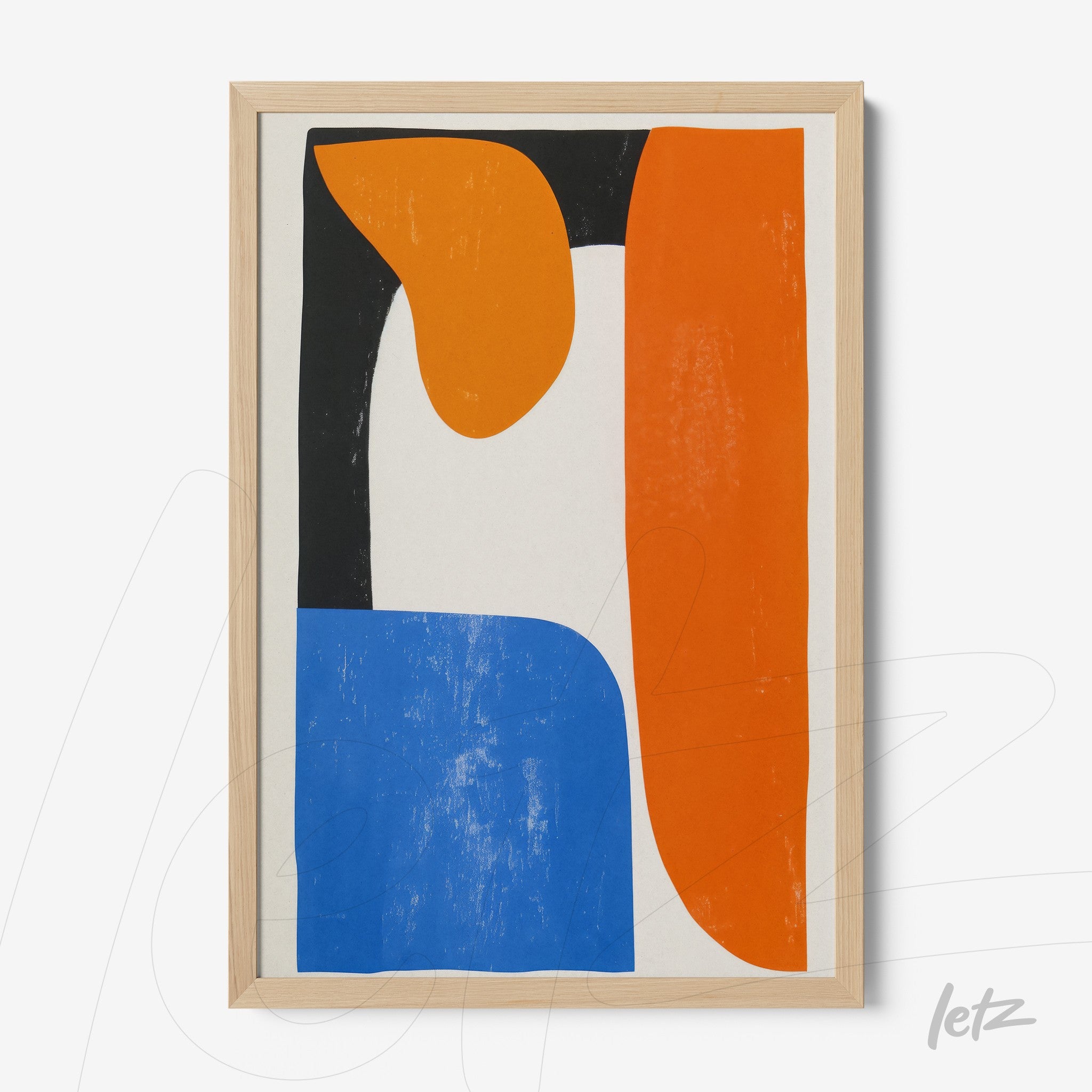 artwork featuring abstract shapes in orange, blue, and black inside a light wood frame