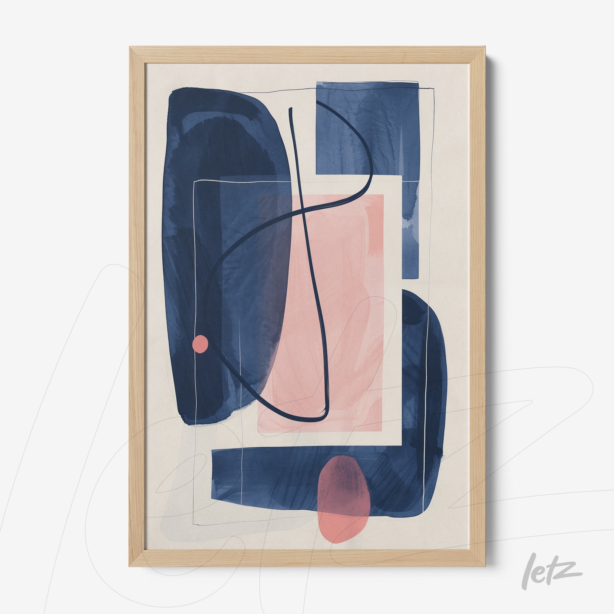 framed abstract art featuring blue and pink shapes with light wood frame
