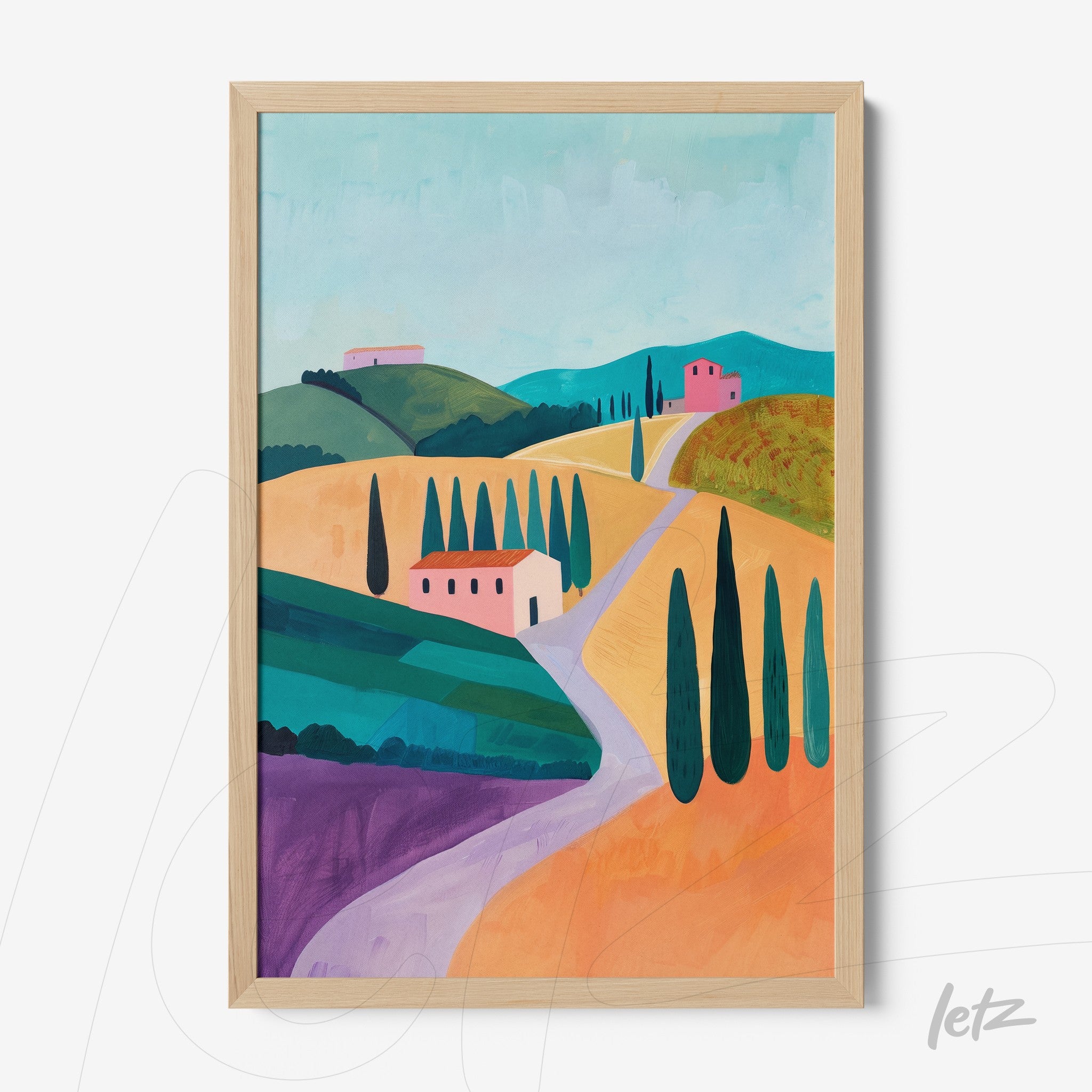 framed digital artwork depicting a tuscan landscape with green hills, pink houses, and a winding road