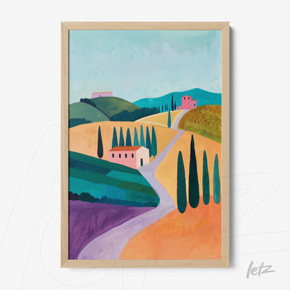 framed digital artwork depicting a tuscan landscape with green hills, pink houses, and a winding road